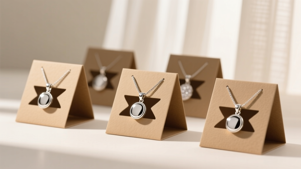 Thick kraft paper necklace display cards with die-cut slits holding a polished silver pendant under warm, soft studio lighting.