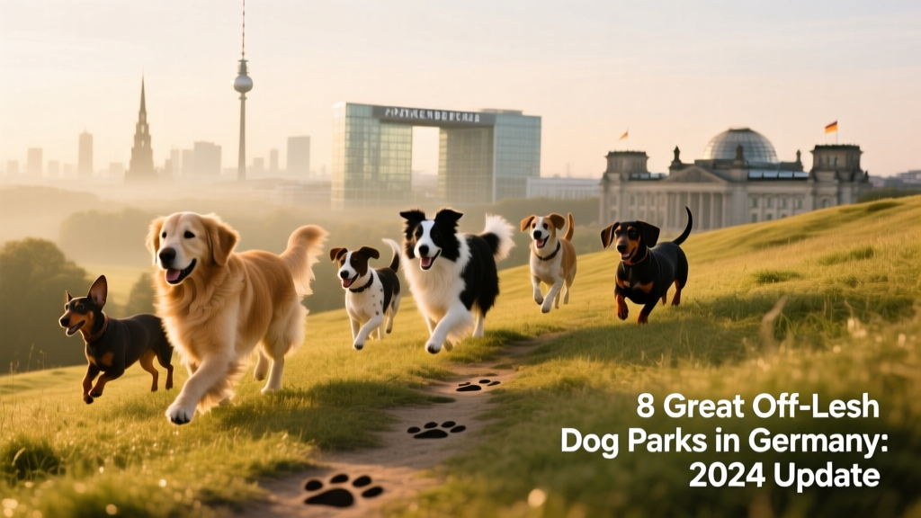 Dogs running freely across a sunlit grassy hilltop with Berlin’s skyline visible in the distance at Arkenberge