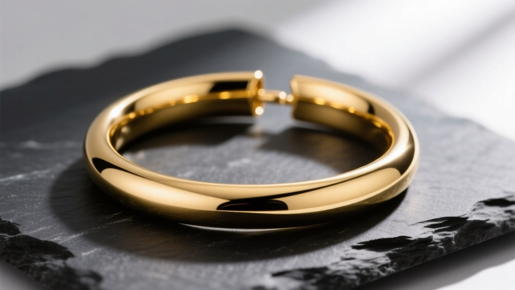 Macro shot of polished 14k yellow gold oblong hoops resting on dark slate, highlighting the seamless hinge and elongated curve