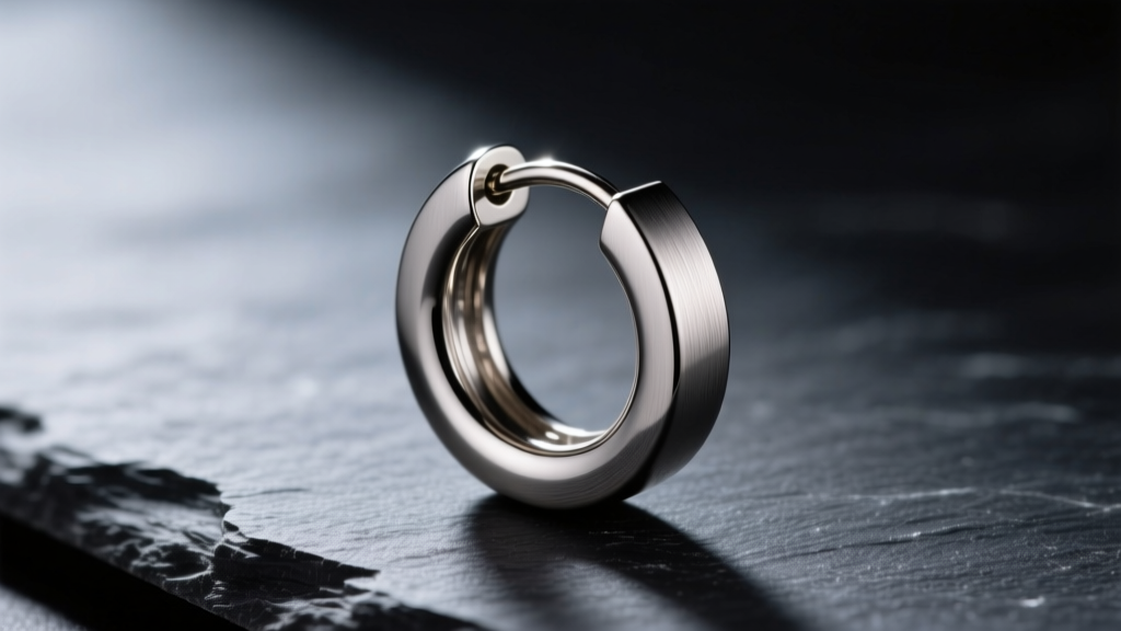 An 11mm brushed titanium huggie earring on dark slate, lit by soft directional light to show the metal grain and seamless hinge.