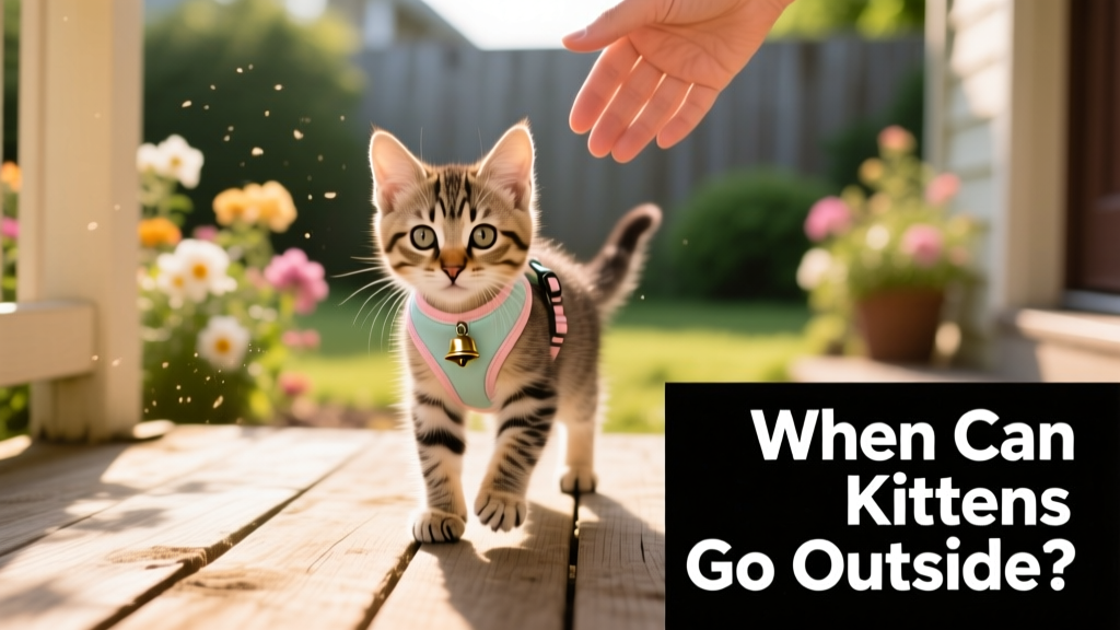 Kitten cautiously stepping onto a sunlit porch, wearing a soft harness, with a gentle hand nearby