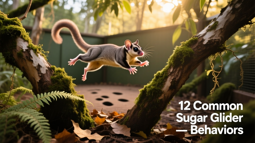 A sugar glider mid-leap between branches in a naturalistic enclosure
