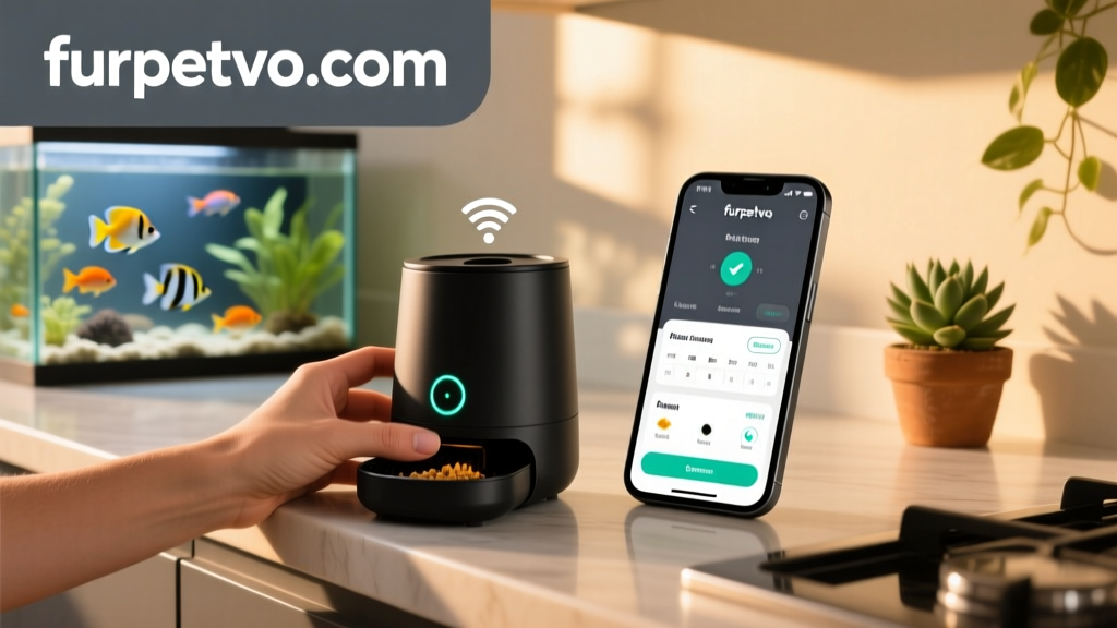 Hand holding a FurPetVo Wi-Fi feeder next to a smartphone showing the furpetvo.com app interface