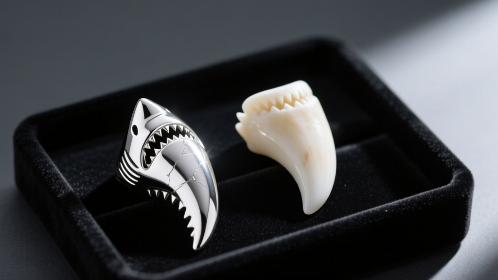 Macro shot comparing a polished sterling silver shark tooth replica and a matte resin tooth on a dark jeweler's cutting mat.