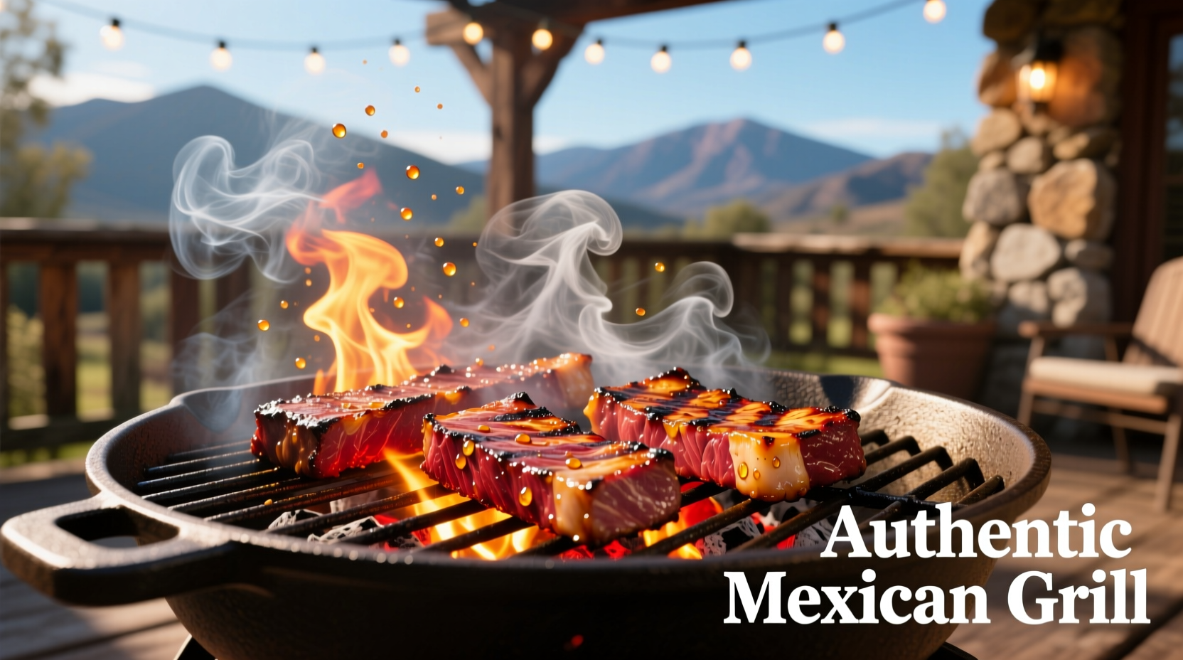 Grilled carne asada strips sizzling on outdoor grill