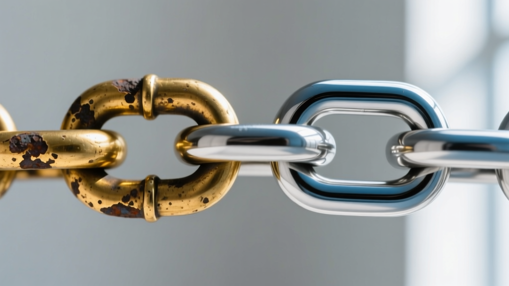 Macro shot comparing a tarnished brass gold-plated chain link on left with a pristine PVD-coated stainless steel link on right.