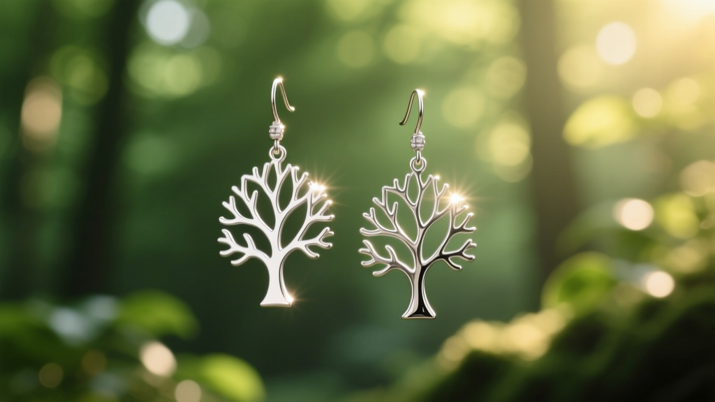 Sterling silver tree silhouette dangle earrings catching light, showing branch cutouts against a blurred green forest background