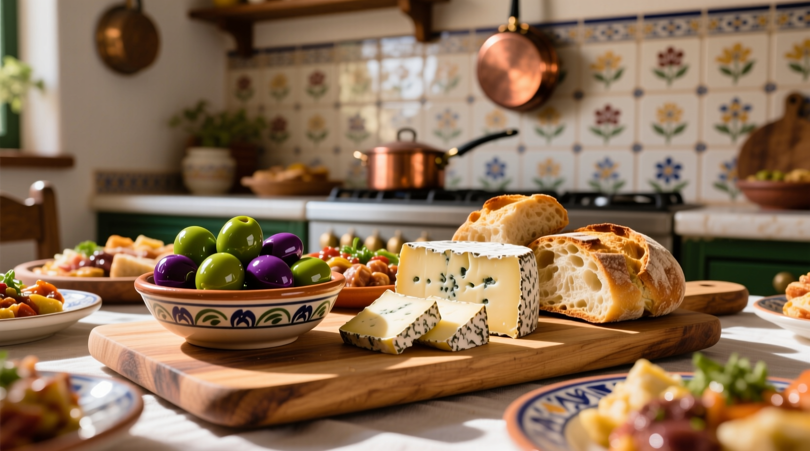 Traditional Spanish tapas spread with olives, cheese, and bread