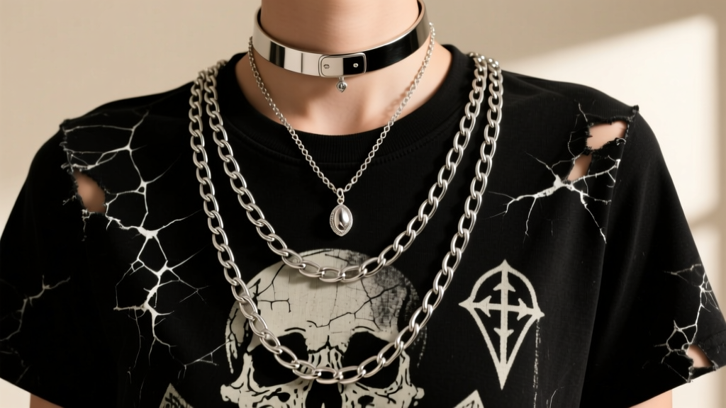 Steel chain lengths layered over a distressed horror t-shirt, showcasing a choker, a princess length, and a matinee style necklace