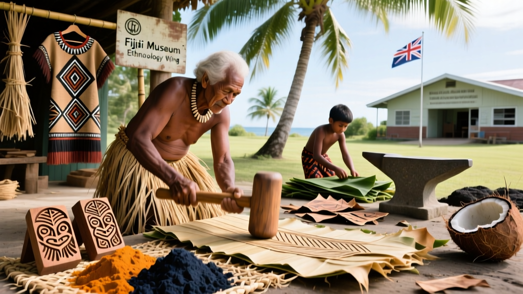 Fijian Masi Barkcloth Beating Techniques And Geometric Stamp Carving