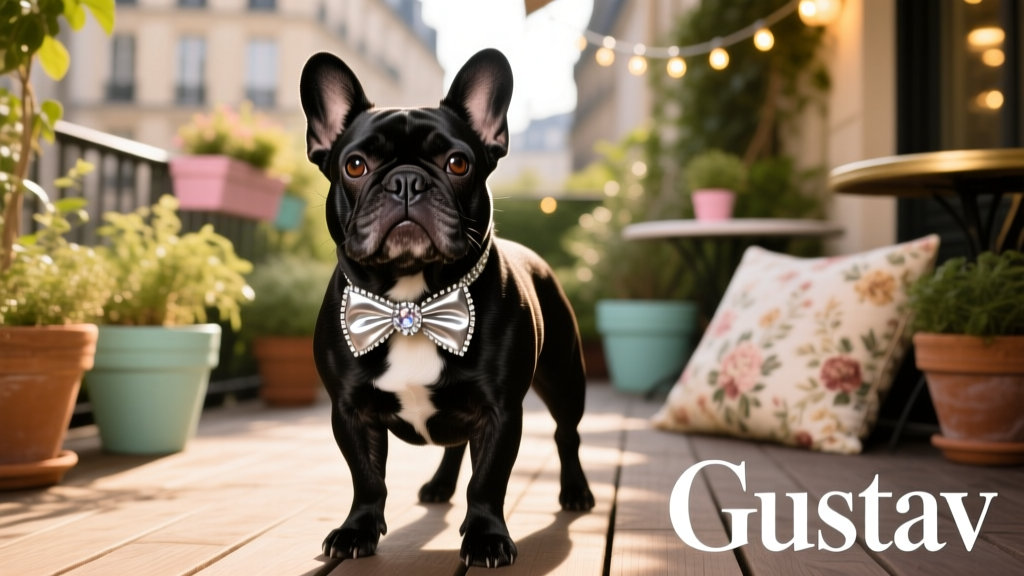 A playful French Bulldog named Gustav wearing a tiny bowtie, inspired by Lady Gaga's iconic style