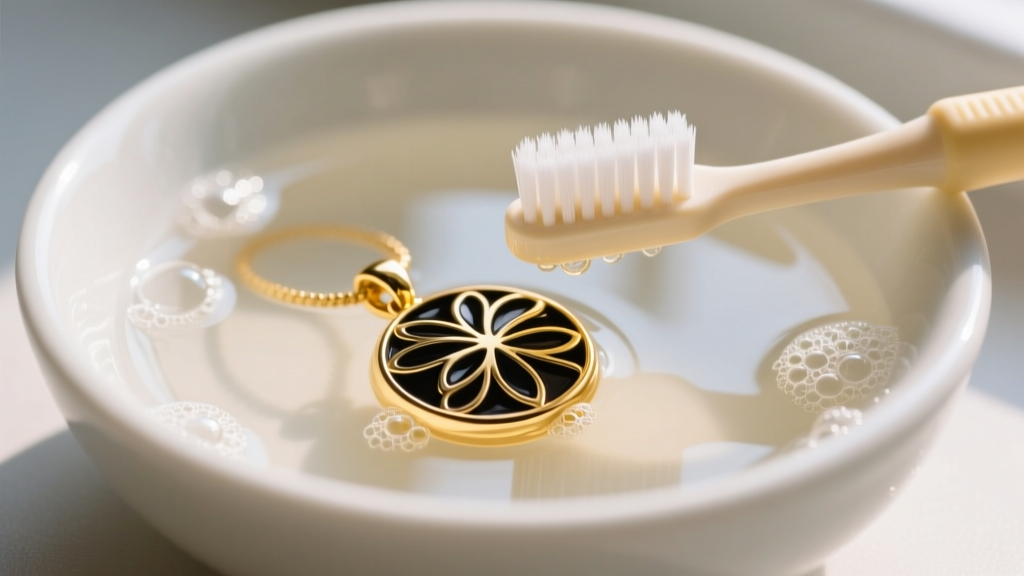 A soft baby toothbrush gently scrubbing a gold Hawaiian pendant with black enamel inlay submerged in a bowl of warm soapy water