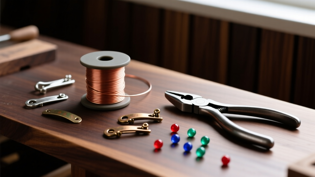 Flat lay of a budget DIY jewelry kit showing copper wire, alloy clasps, and steel pliers on a dark wood workbench.