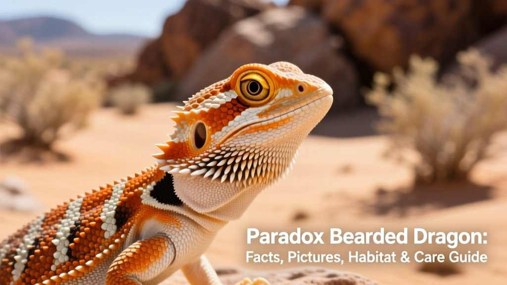 Close-up portrait of a Paradox Bearded Dragon showing vivid orange and cream patterning on its head and back