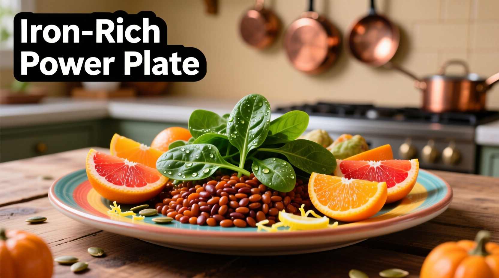 Colorful plate of iron-rich foods with spinach lentils and citrus