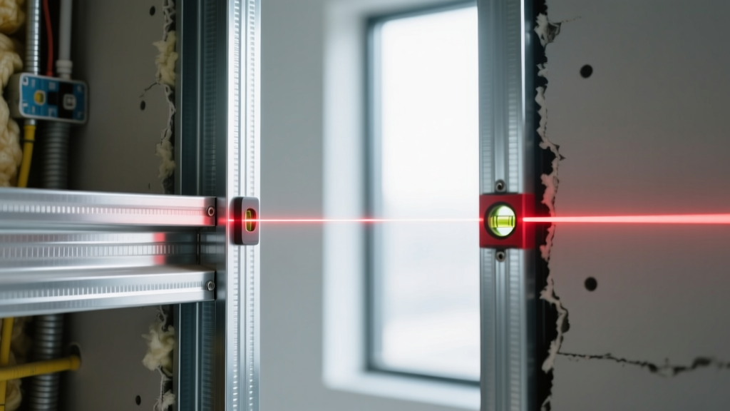 Close-up of galvanized steel framing studs being installed in a commercial wall cavity with laser level alignment