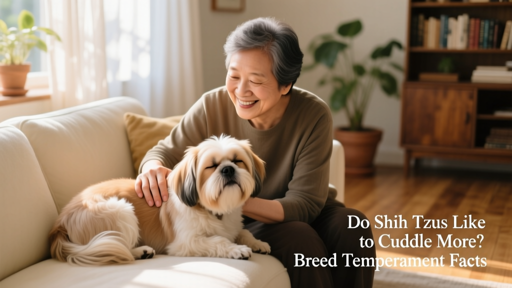 A smiling owner gently stroking a relaxed Shih Tzu resting on a sofa, both looking content and connected