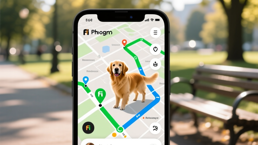 Close-up of a smartphone screen displaying the Fi app map interface showing a dog