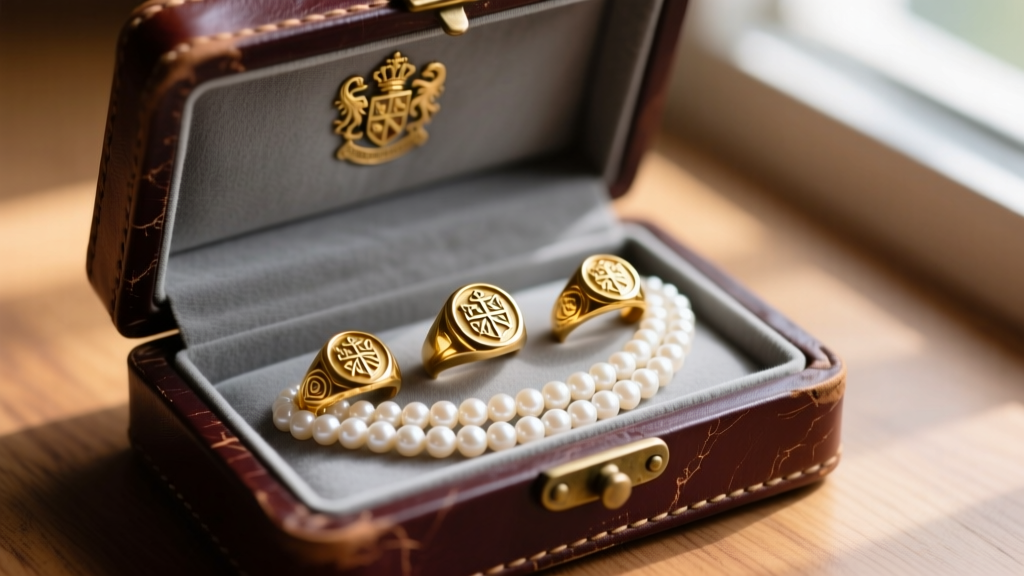 Restored vintage leather box interior lined with grey anti-tarnish cloth, holding gold signet rings and layered pearl necklaces.