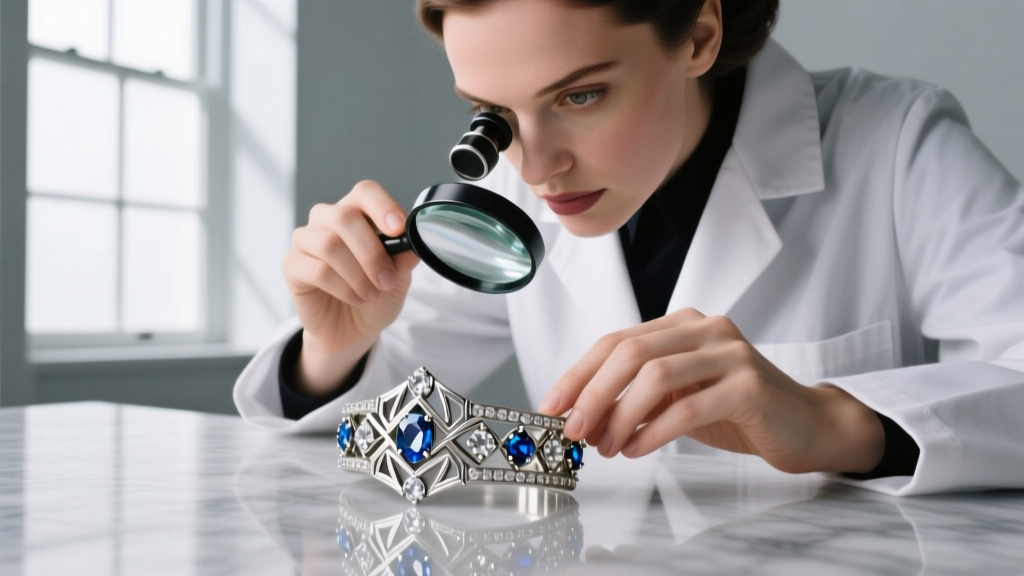 Jeweler using a 10x loupe to inspect prong settings of an Art Deco rhinestone cuff, checking for missing foil-backed stones.