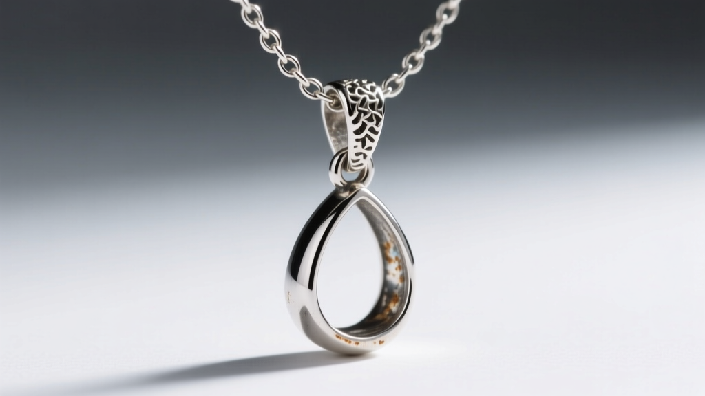 Macro shot of a sterling silver teardrop necklace chain passing through a textured bail, showing slight oxidation in the crevices.