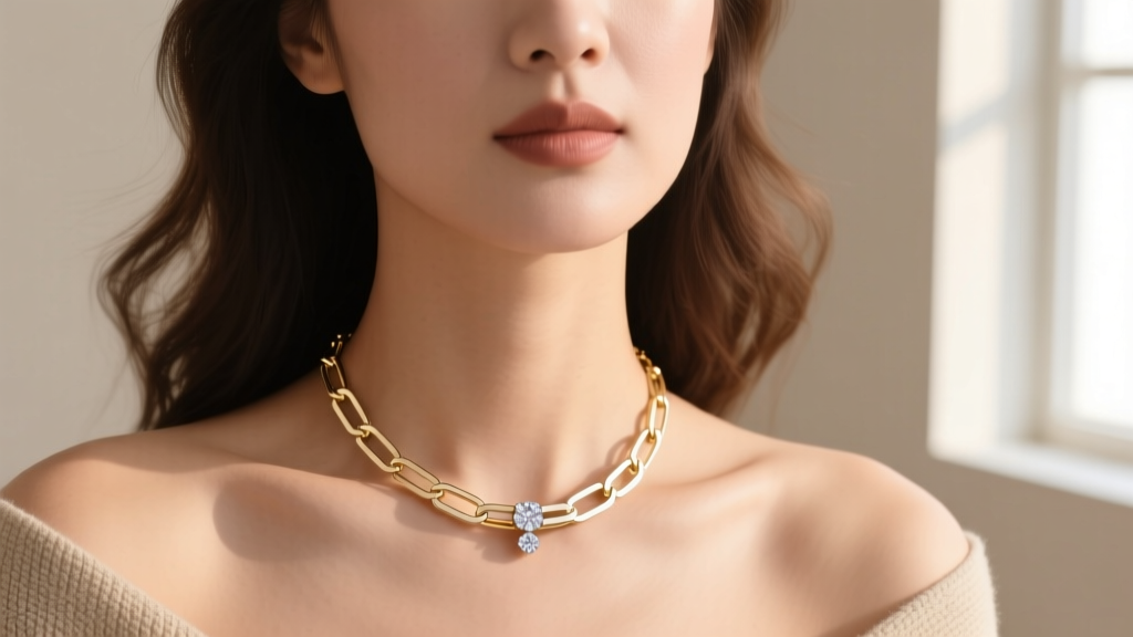 Woman wearing modular 14k white gold paperclip chain necklace with detachable pave diamond clasp in soft warm natural window light