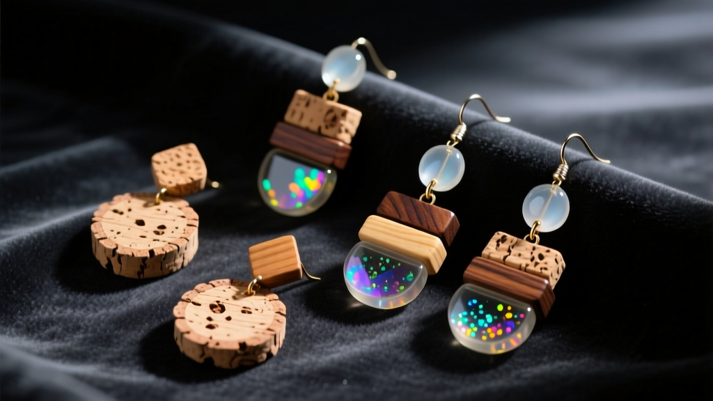 Flat lay of fantasy-inspired drop earrings including cork, wood, and resin pieces on dark velvet with moody directional lighting