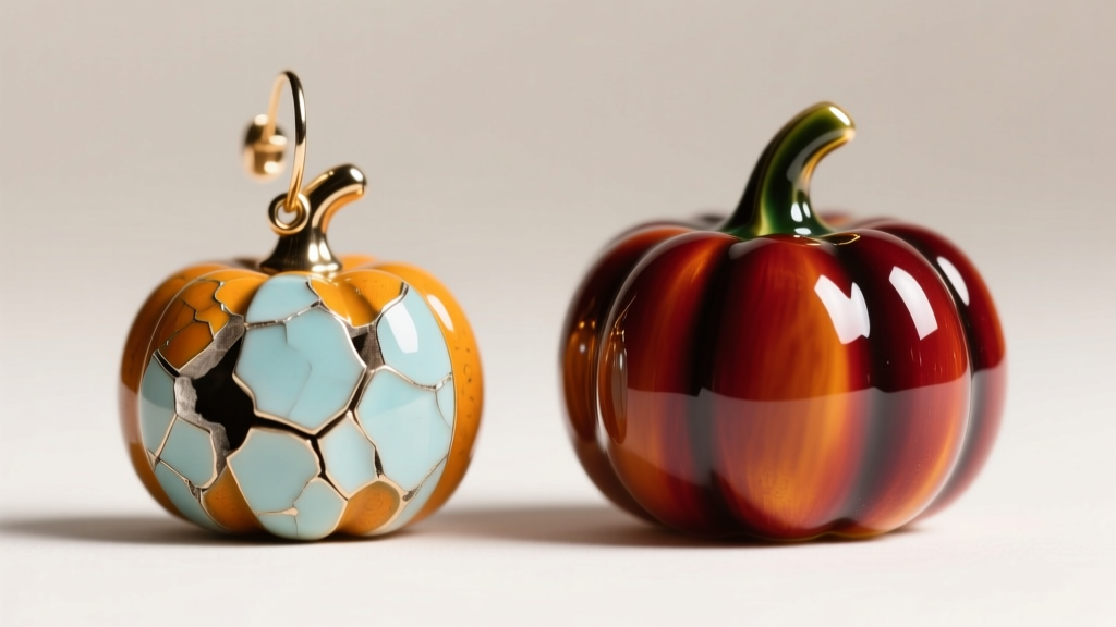 Macro shot comparing chipped cold enamel pumpkin earring next to a smooth fired glass enamel piece under bright studio lighting.
