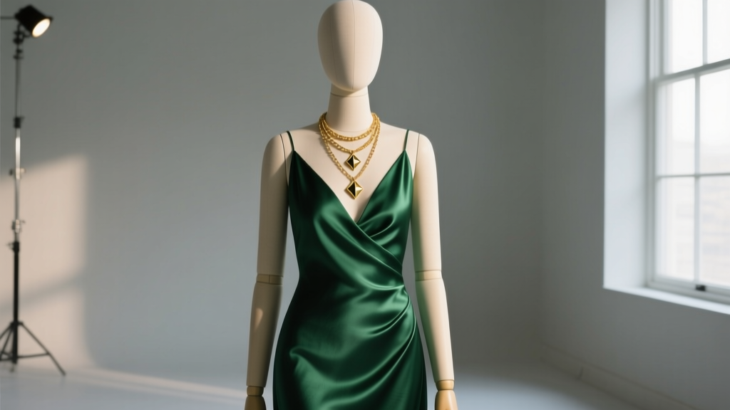 Elegant mannequin wearing a deep V-neck emerald silk dress paired with a layered 14k gold-filled pendant necklace, studio lighting