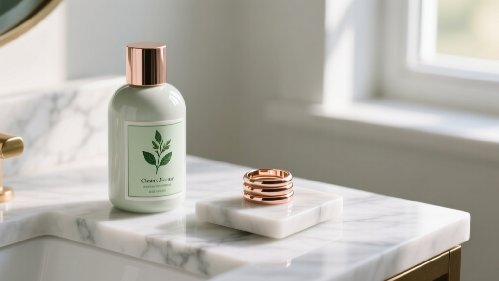 Botanical jewelry cleaner bottle next to a rose gold stacking ring set on a marble vanity, bathed in soft natural morning light