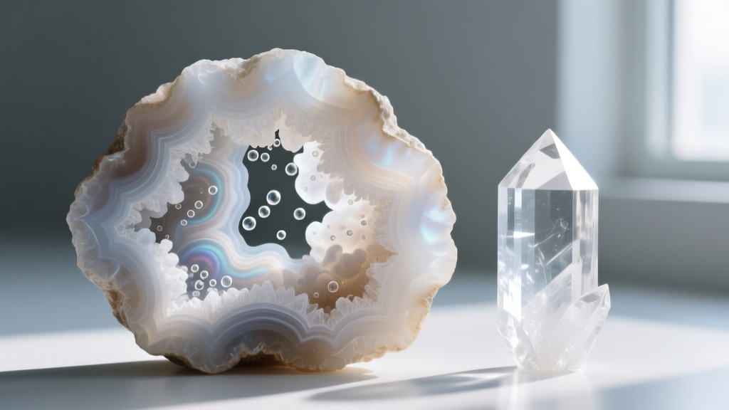 Macro view of milky quartz revealing internal fluid bubbles and cloudy white textures next to a flawless clear quartz crystal