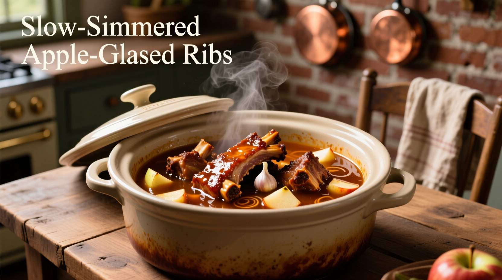 Crock pot filled with seasoned riblets and apple juice