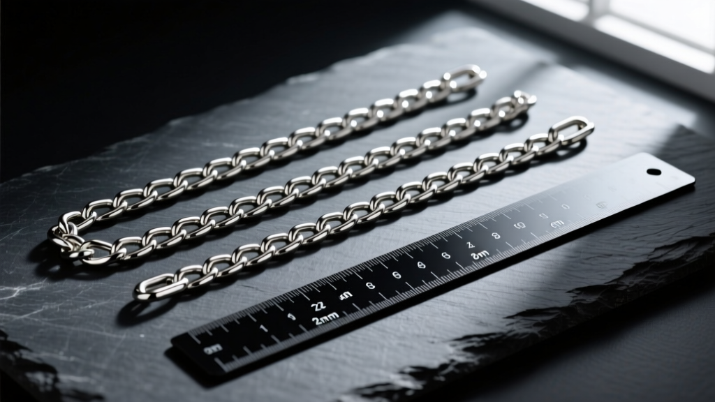 Flat lay of three stainless steel chains, 2mm, 4mm, and 6mm wide, placed next to a metal ruler on a dark slate background.
