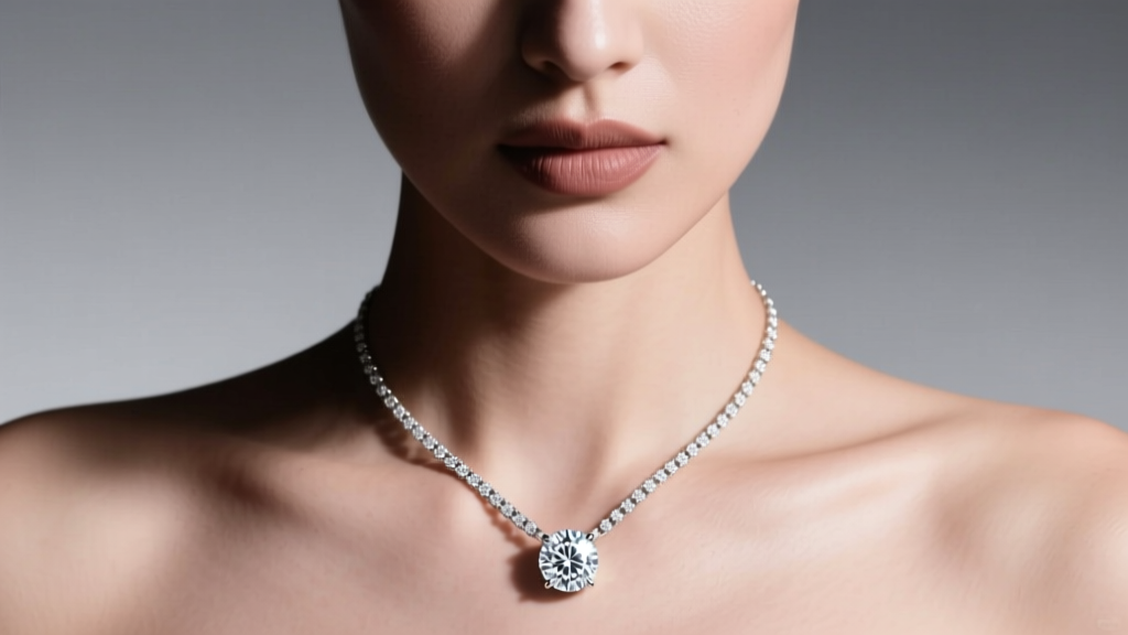 Close-up of a woman wearing a one-carat round diamond solitaire pendant on an 18k white gold box chain under soft studio lighting