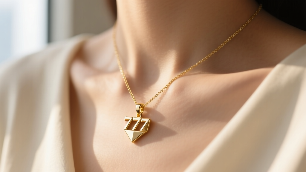 Close-up of a delicate 14k gold necklace with a minimalist 777 pendant resting on a collarbone in soft natural sunlight