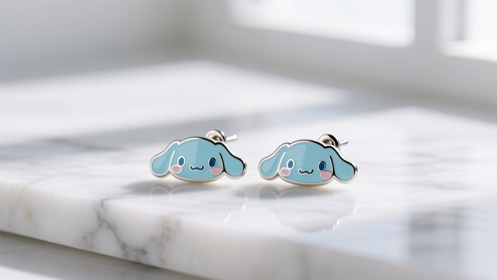 Pastel blue Cinnamoroll stud earrings with cold enamel detailing on titanium posts resting on a soft white marble surface