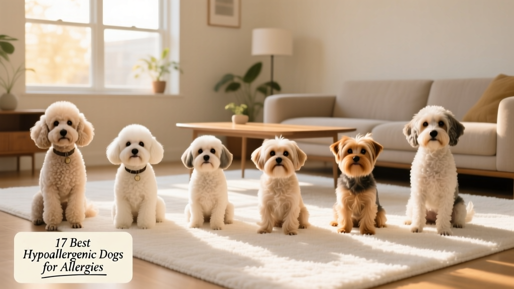 Side-by-side comparison of several small-to-medium hypoallergenic dog breeds sitting calmly on a clean, sunlit living room rug