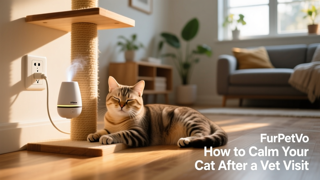 FurPetVo pheromone diffuser plugged in near a cat tree, with a relaxed cat nearby