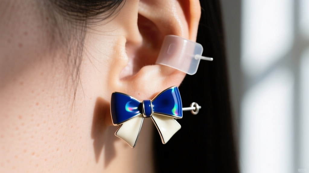 Close-up of an earlobe wearing a heavy enamel bow earring supported by a clear silicone patch and secure leverback closure