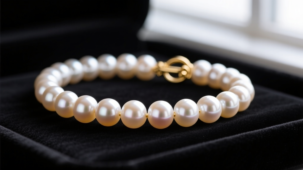 Macro shot of a high-quality AAA freshwater pearl strand with a 14k gold clasp, displayed on black velvet to highlight the luster