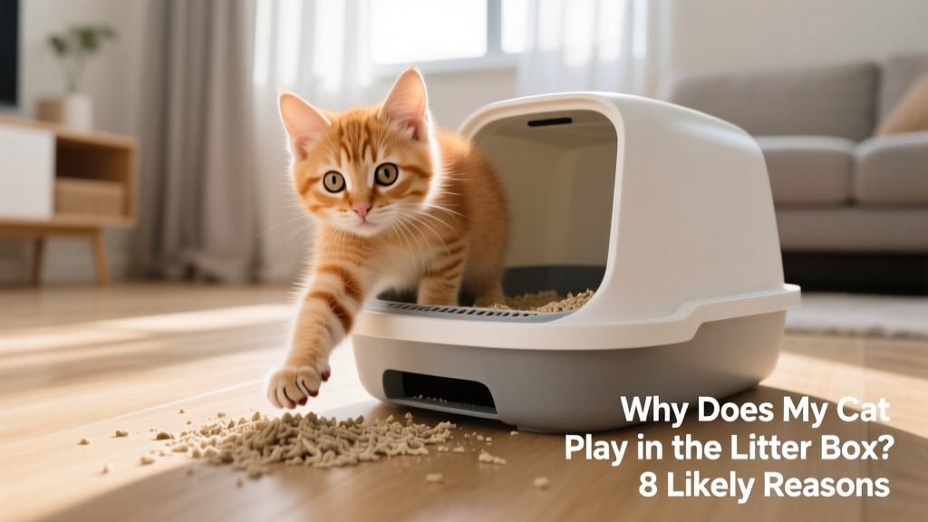 Close-up of a curious kitten pawing at litter in a clean, modern litter box