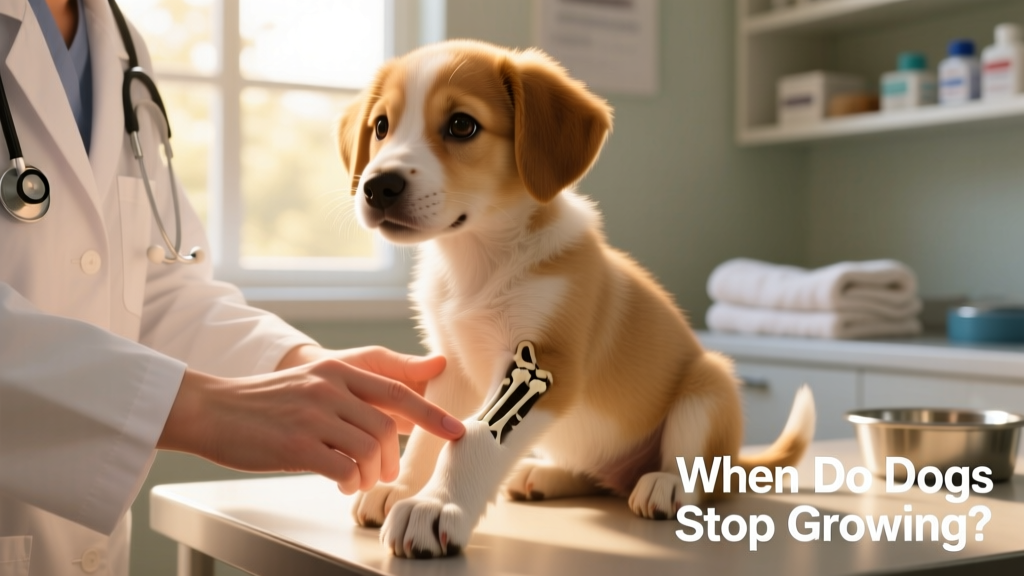 Close-up photo of a veterinarian gently palpating a puppy's front leg to assess joint alignment and growth plate health