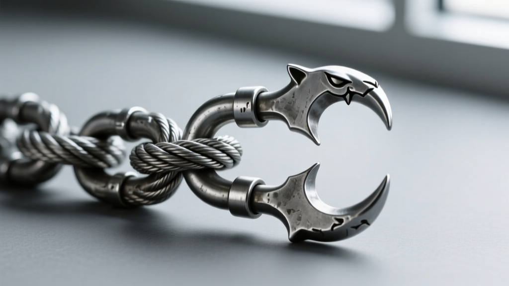 Macro shot of a thick steel rope chain threaded through a heavy panther claw bail, highlighting a secure and soldered jump ring.