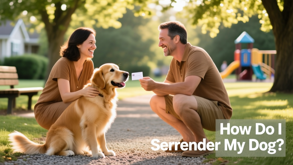 Two people meeting outdoors with a friendly dog between them, smiling and exchanging contact information