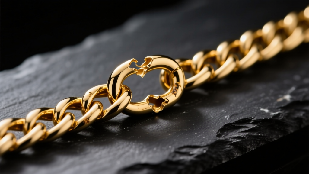 Macro photography of a kinked and damaged hollow 18k gold herringbone chain resting on a dark slate surface under harsh light