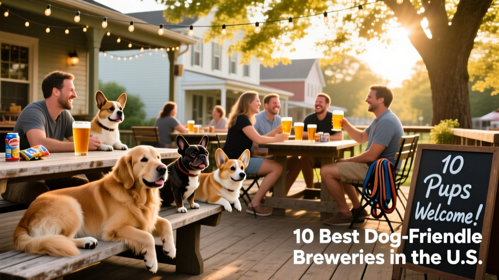 A sunny outdoor beer garden with dogs lounging on benches and owners enjoying pints at shared tables