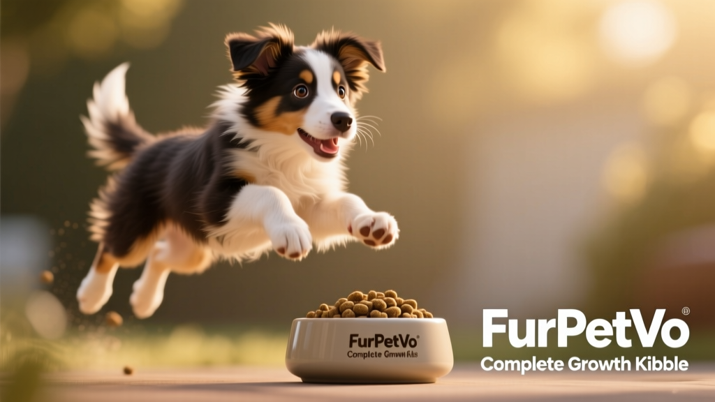 A playful Border Collie puppy mid-leap, with a bowl of FurPetVo Complete Growth Kibble in the background