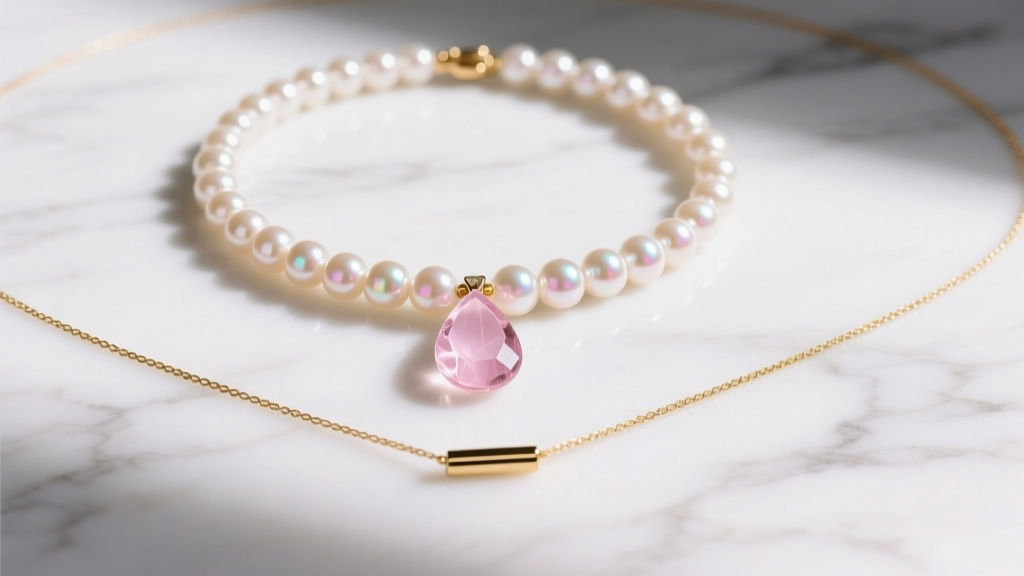 Flat lay of layered necklaces featuring a pearl choker, a rose quartz crystal teardrop necklace, and a gold lariat on white marble
