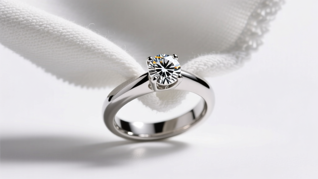 Microfiber cloth gently drying a freshly cleaned platinum wedding band with a round diamond, illuminated by soft studio lighting