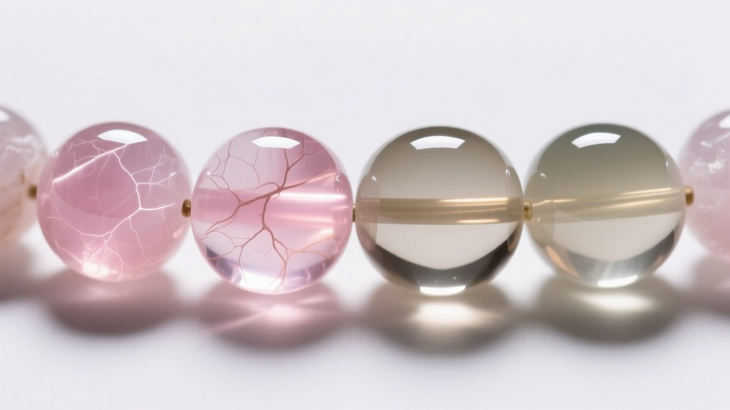 Macro comparison of genuine translucent rose quartz beads and opaque dyed glass imitation beads under bright gemological lighting